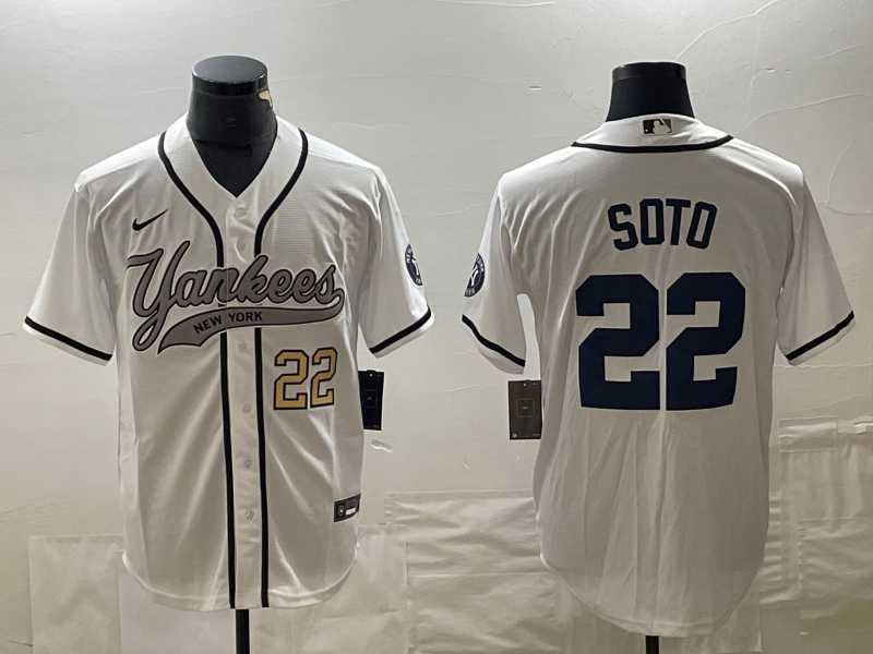 Mens New York Yankees #22 Juan Soto Number White With Patch Cool Base Stitched Baseball Jersey